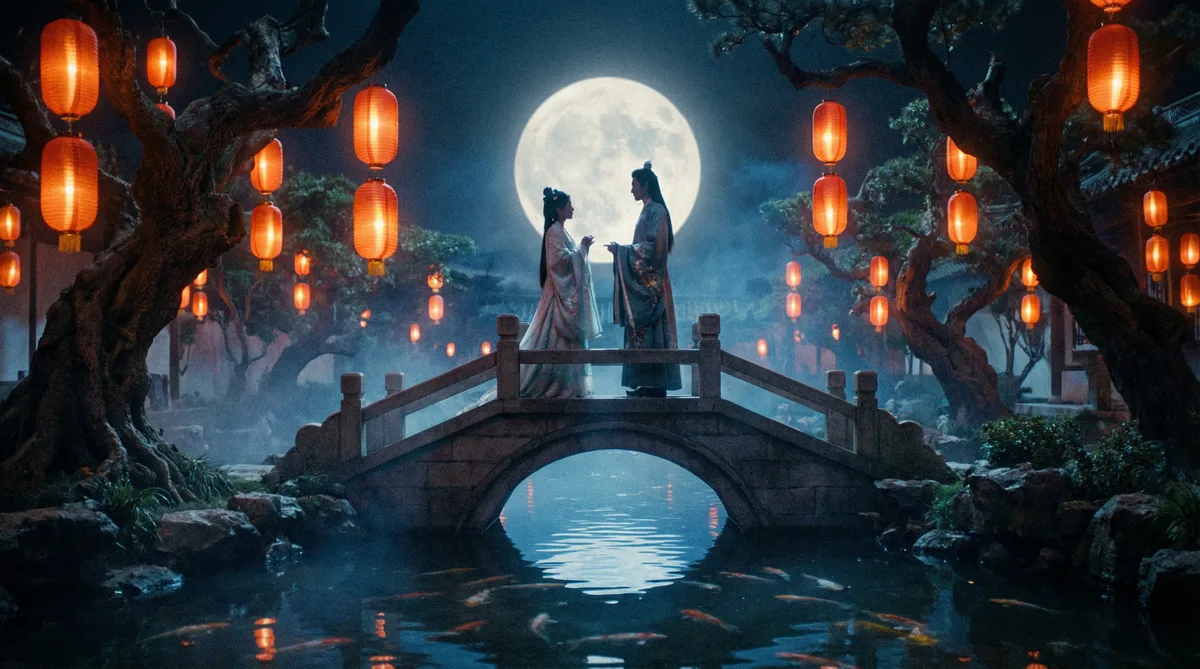 糖心古典爱情片拍摄剧照-月下花园场景